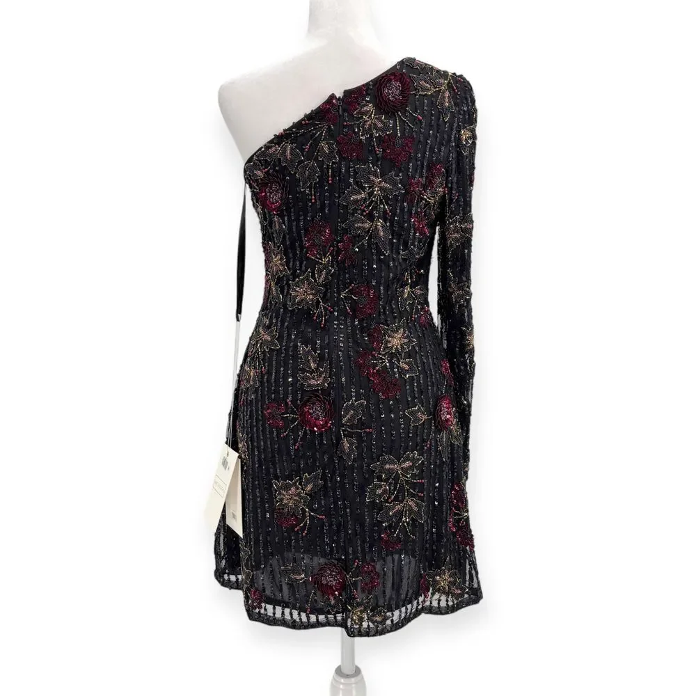Mac Duggal NEW Black One Shoulder Floral Leaf Embellished Mini Dress $558 Size 6